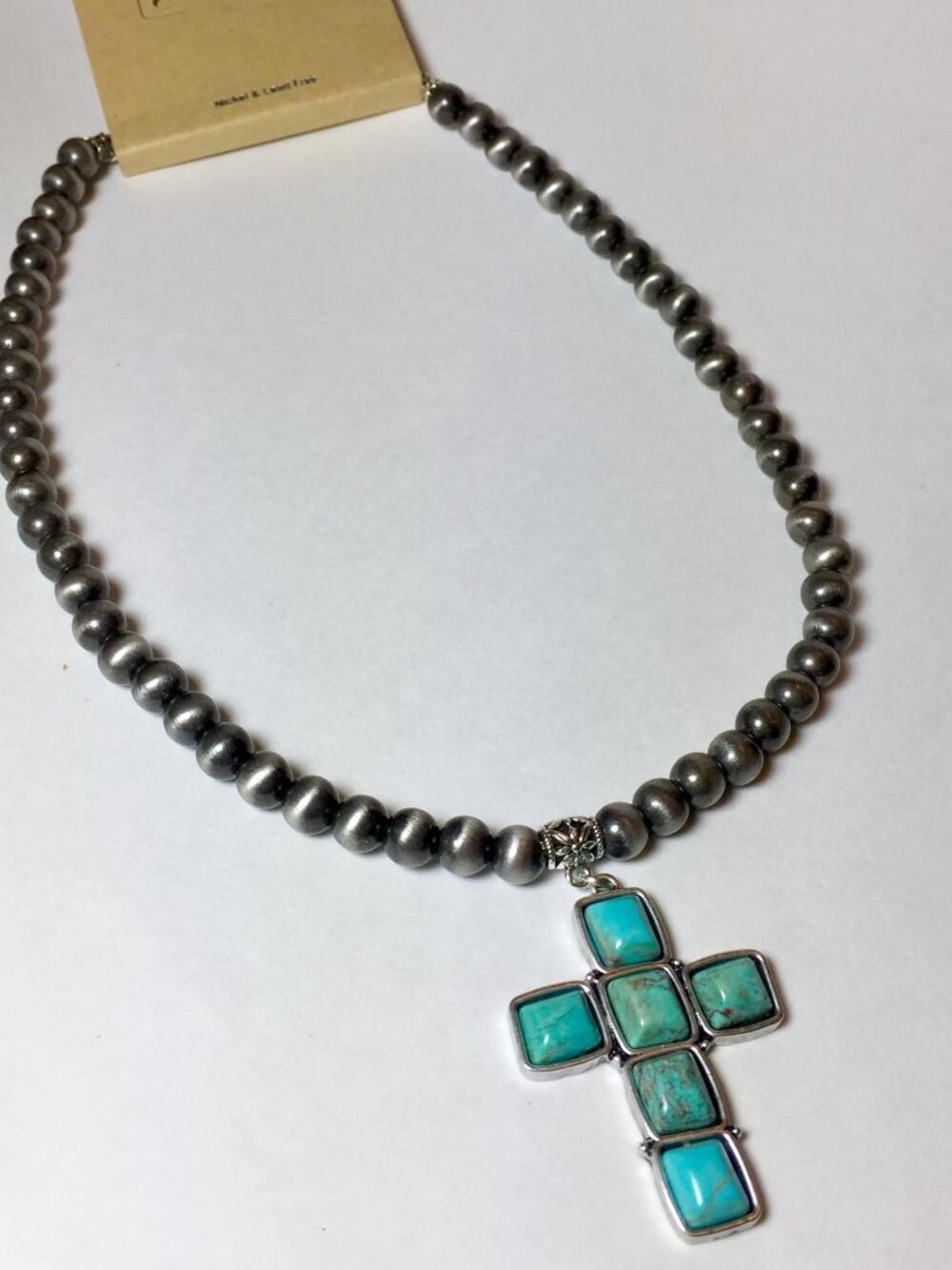Natural Turquoise Cross Necklace with Navajo Pearls